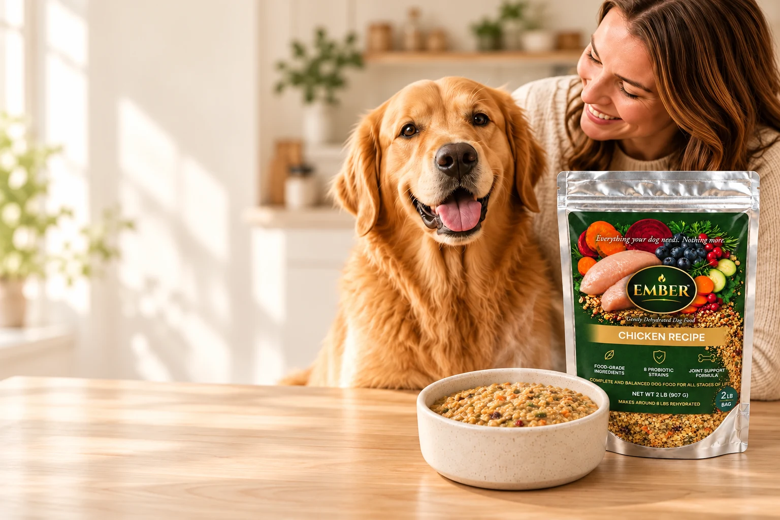 A golden retriever with its owner, Ember’s 2 lb Chicken pouch and a prepared bowl.