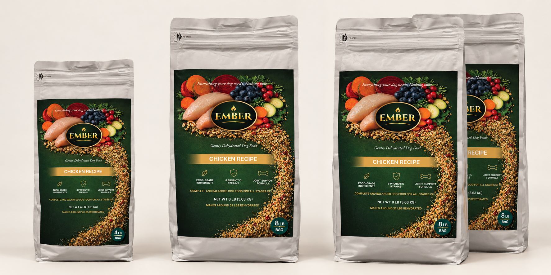 Ember Chicken Recipe: one 4 lb bag, one 8 lb bag, and two overlapping 8 lb bags for the 16 lb option.