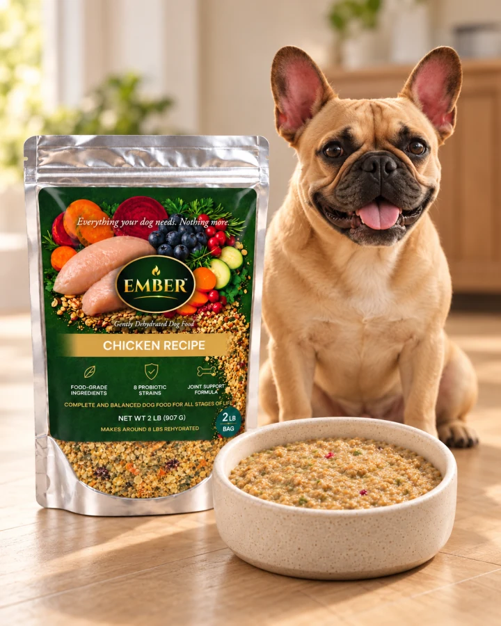 A 2 lb Ember Chicken Recipe bag beside a bowl of prepared food, with a happy French Bulldog behind them.