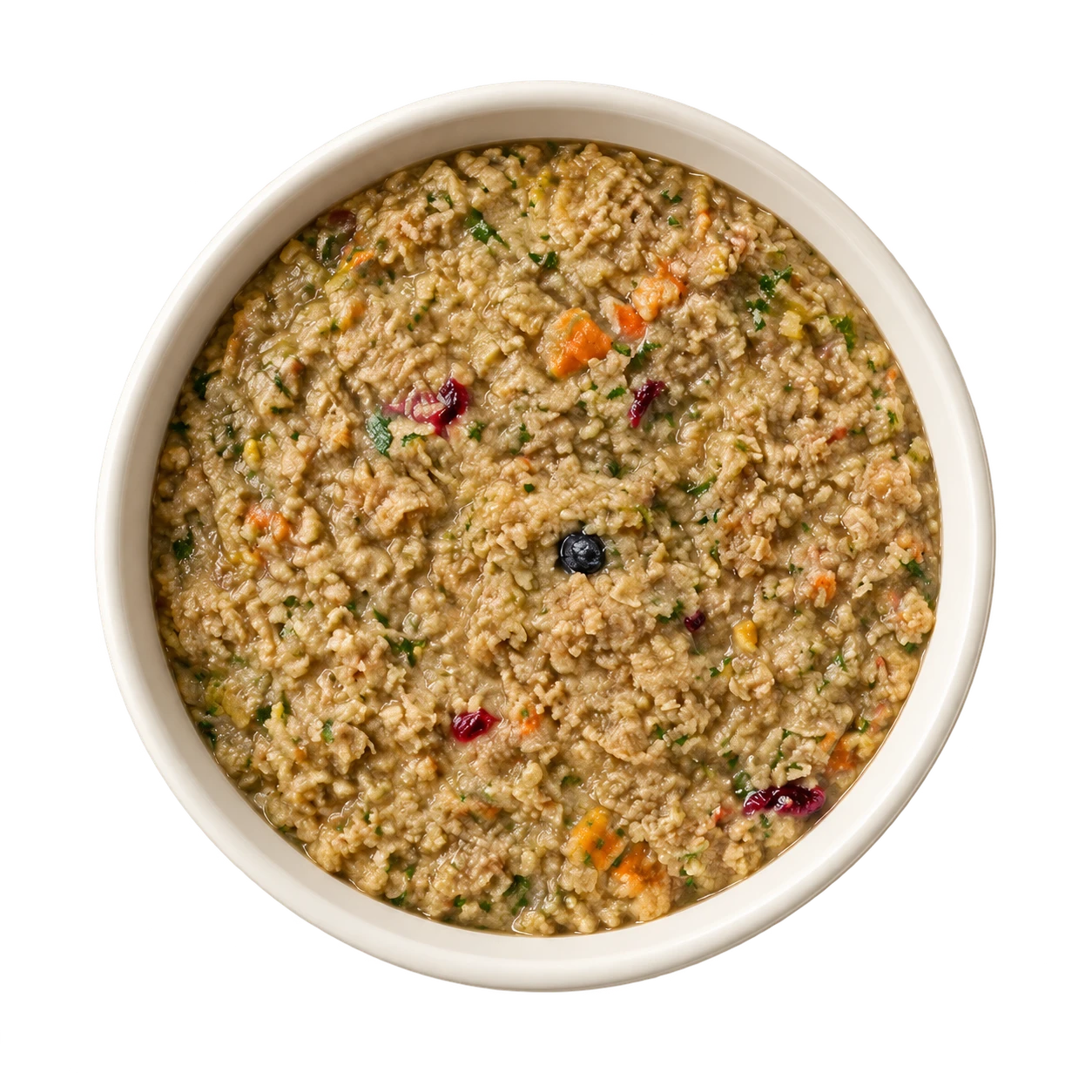 A bowl of rehydrated Ember food, a moist olive-tan porridge with vegetable and berry flecks, seen from above.