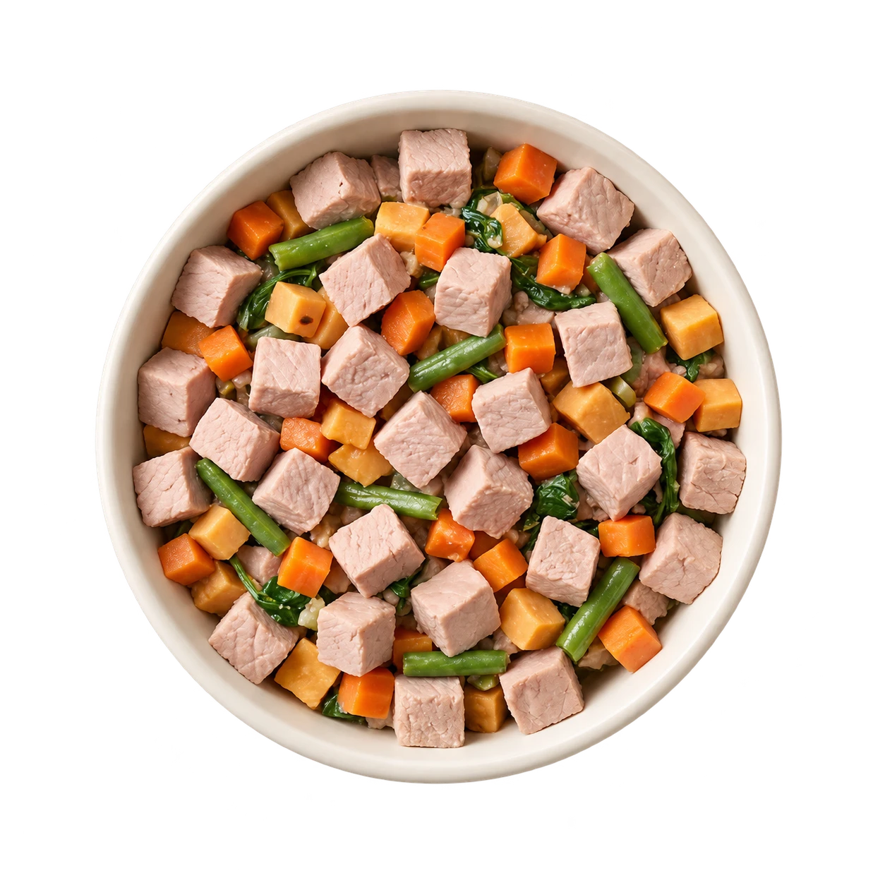 A bowl of gently cooked fresh dog food with cubed meat, carrot, sweet potato and green beans, seen from above.