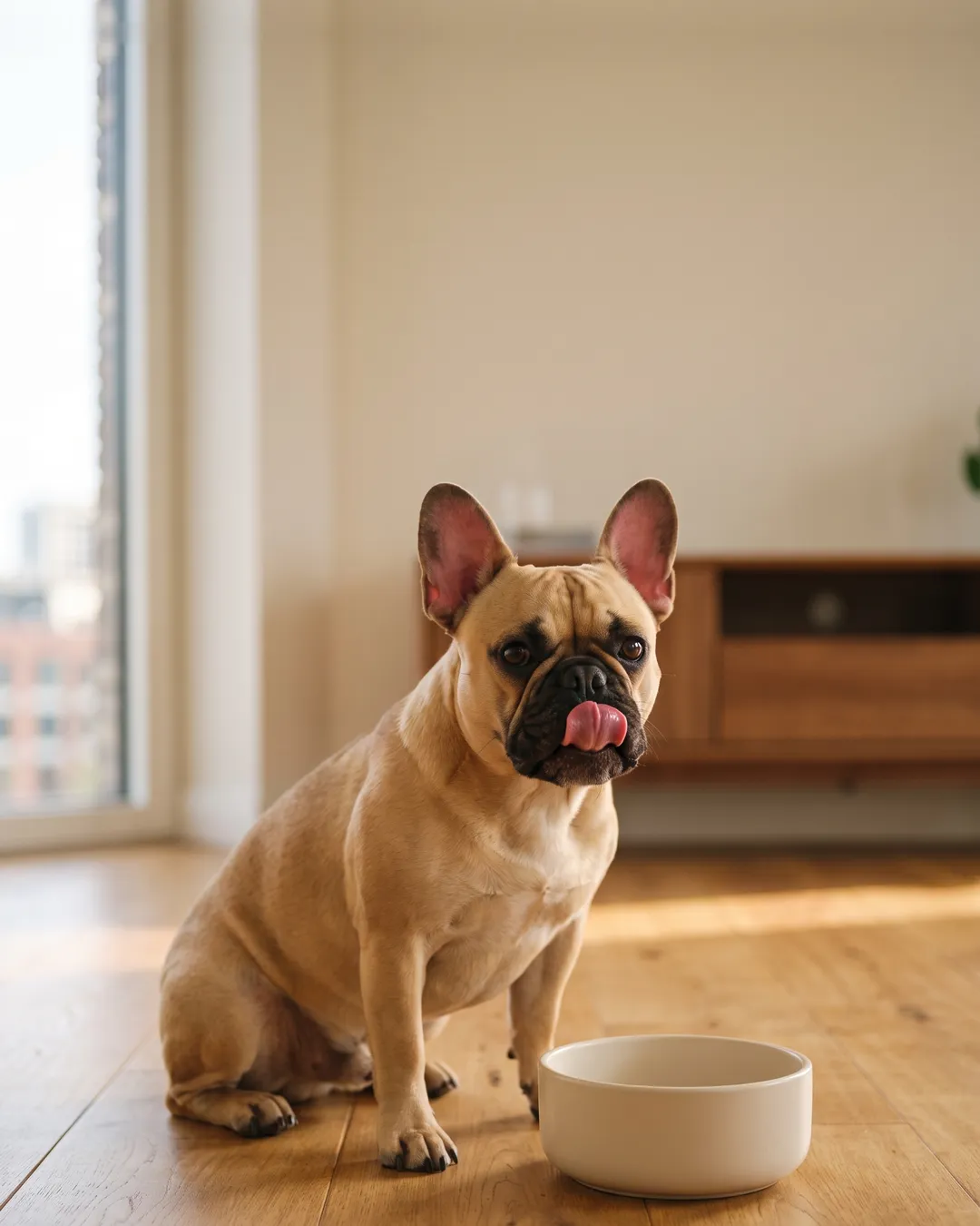 A French Bulldog sits beside a clean, empty bowl on a wood floor.