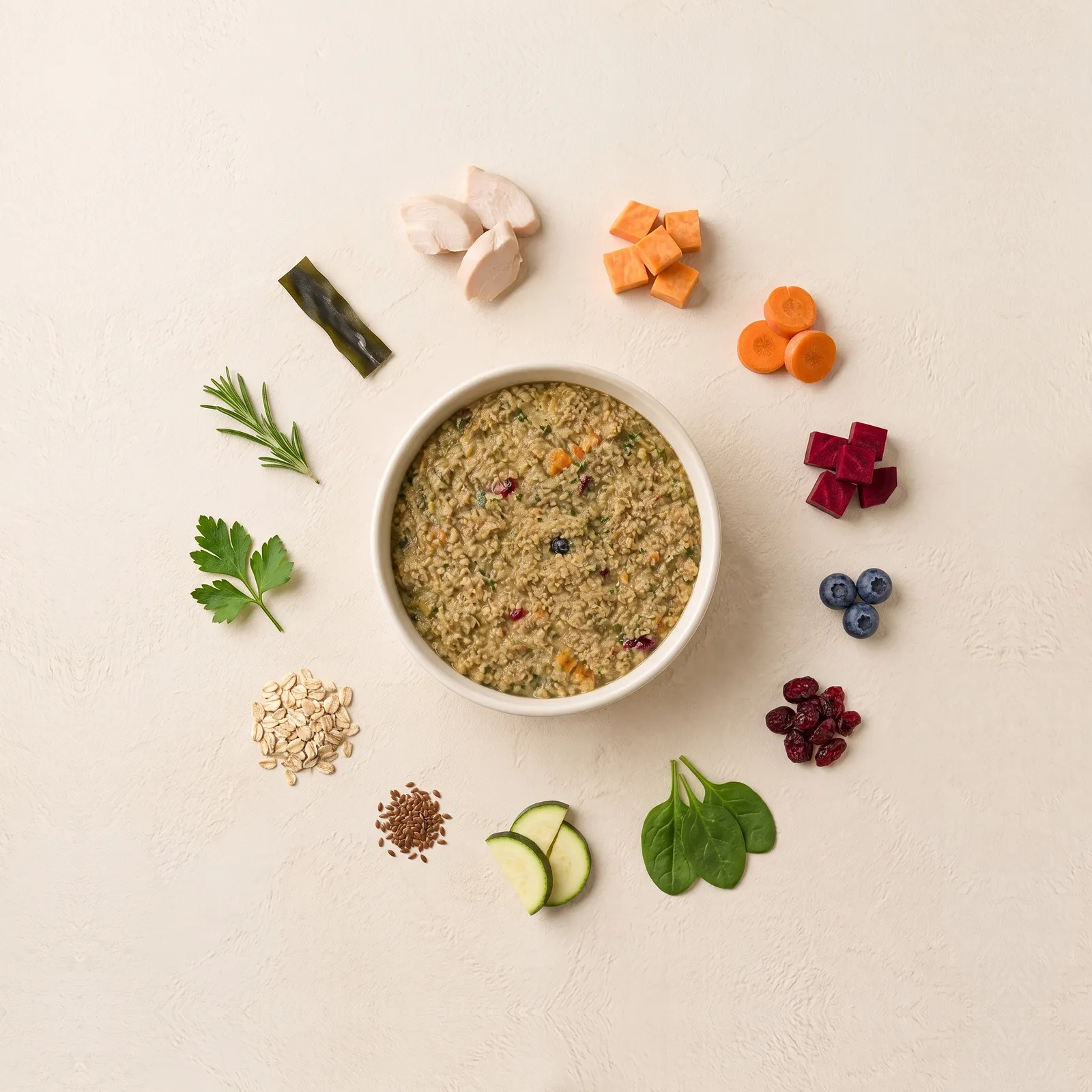 A bowl of prepared Ember food surrounded by chicken, sweet potato, carrot, beet, blueberries, cranberries, spinach, zucchini, flax, oats, parsley, rosemary and kelp.