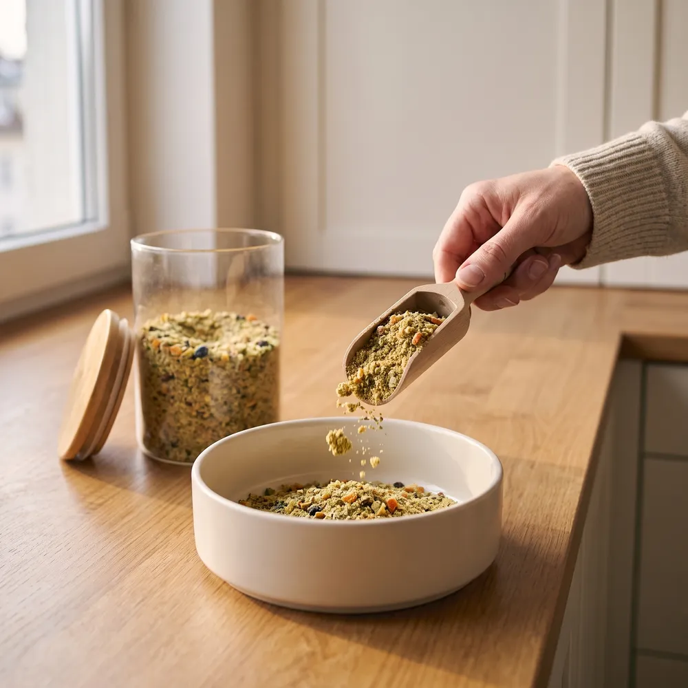 A hand scoops dry Ember crumble from a glass canister into a bowl on a kitchen counter.
