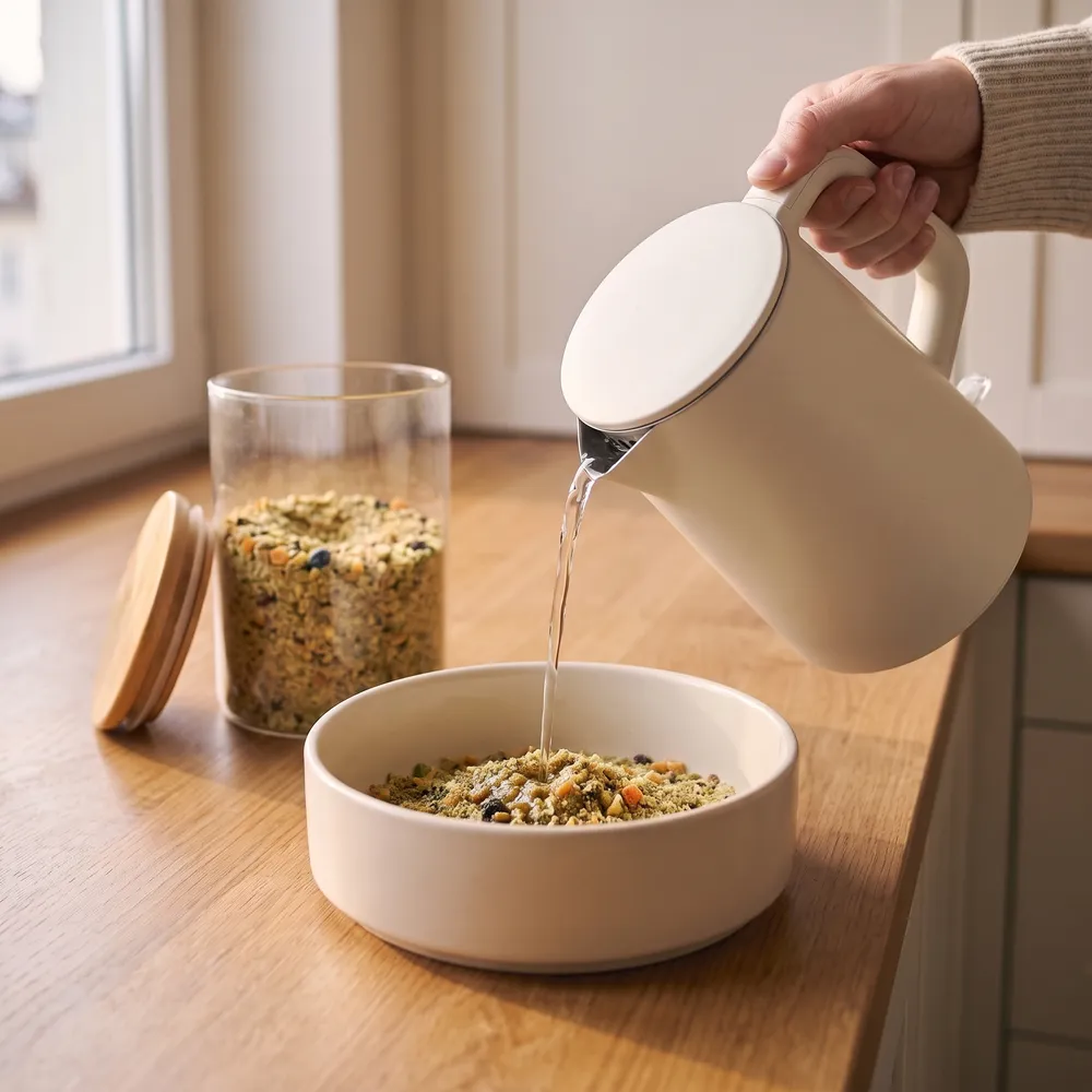 A hand pours warm water from a kettle onto dry Ember crumble in a bowl.
