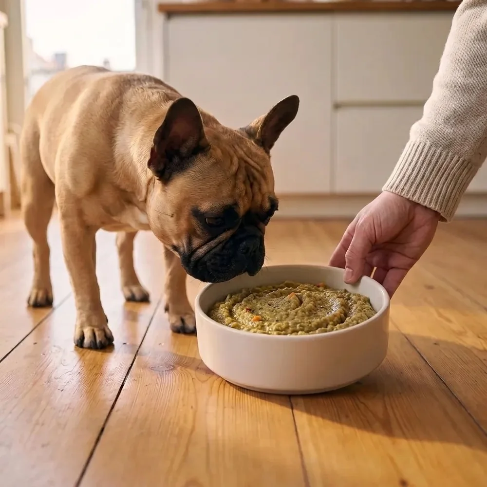 A hand sets a bowl of prepared Ember food on the floor as a French Bulldog leans in.