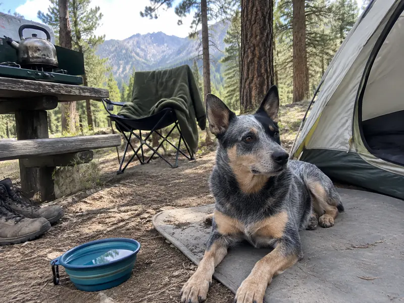 Koda, a cattle-dog mix, resting by a tent at a campsite with a collapsible bowl
