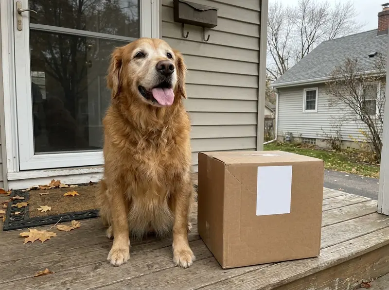 Rosie, a golden retriever, sitting on the porch next to a delivery box