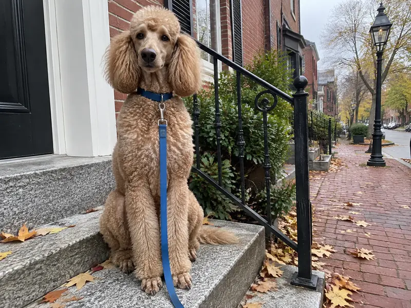 Winston, an apricot standard poodle, sitting on brownstone steps on his leash
