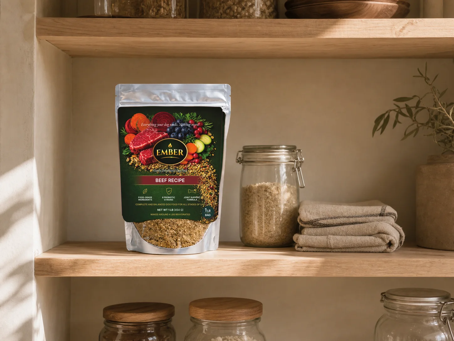 An Ember Beef recipe bag stored on a warm, natural pantry shelf.