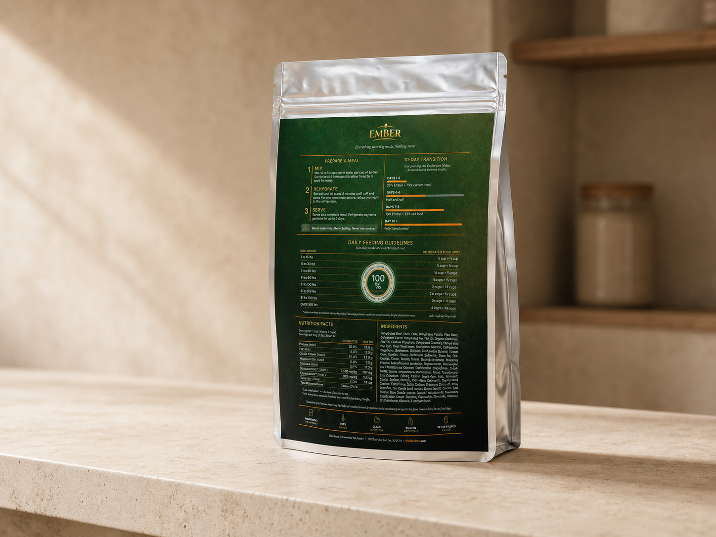 The back of an Ember Beef recipe bag displayed in a warm natural kitchen, with its printed recipe panel visible.