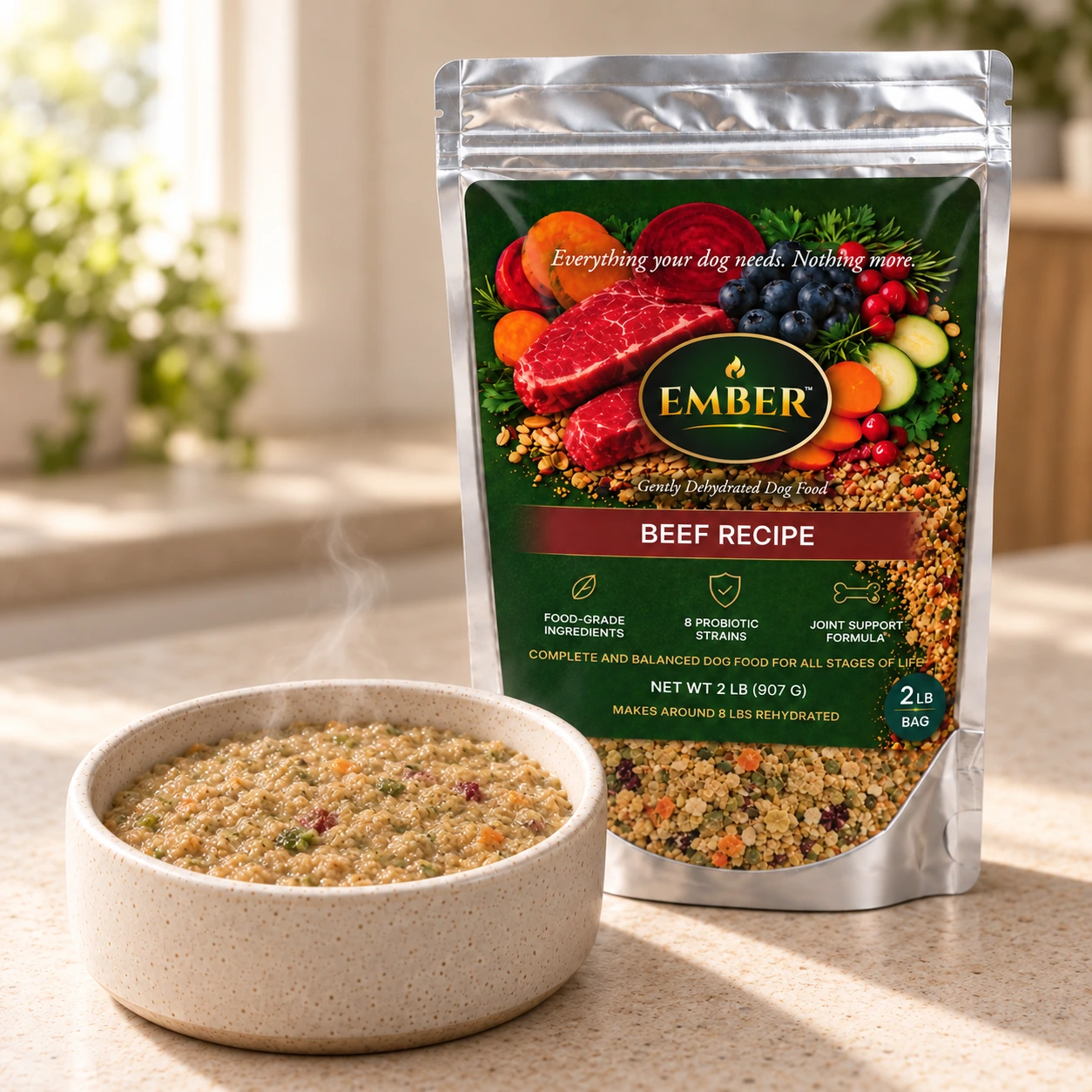 One 2 lb Ember Beef sampler bag and prepared bowl.