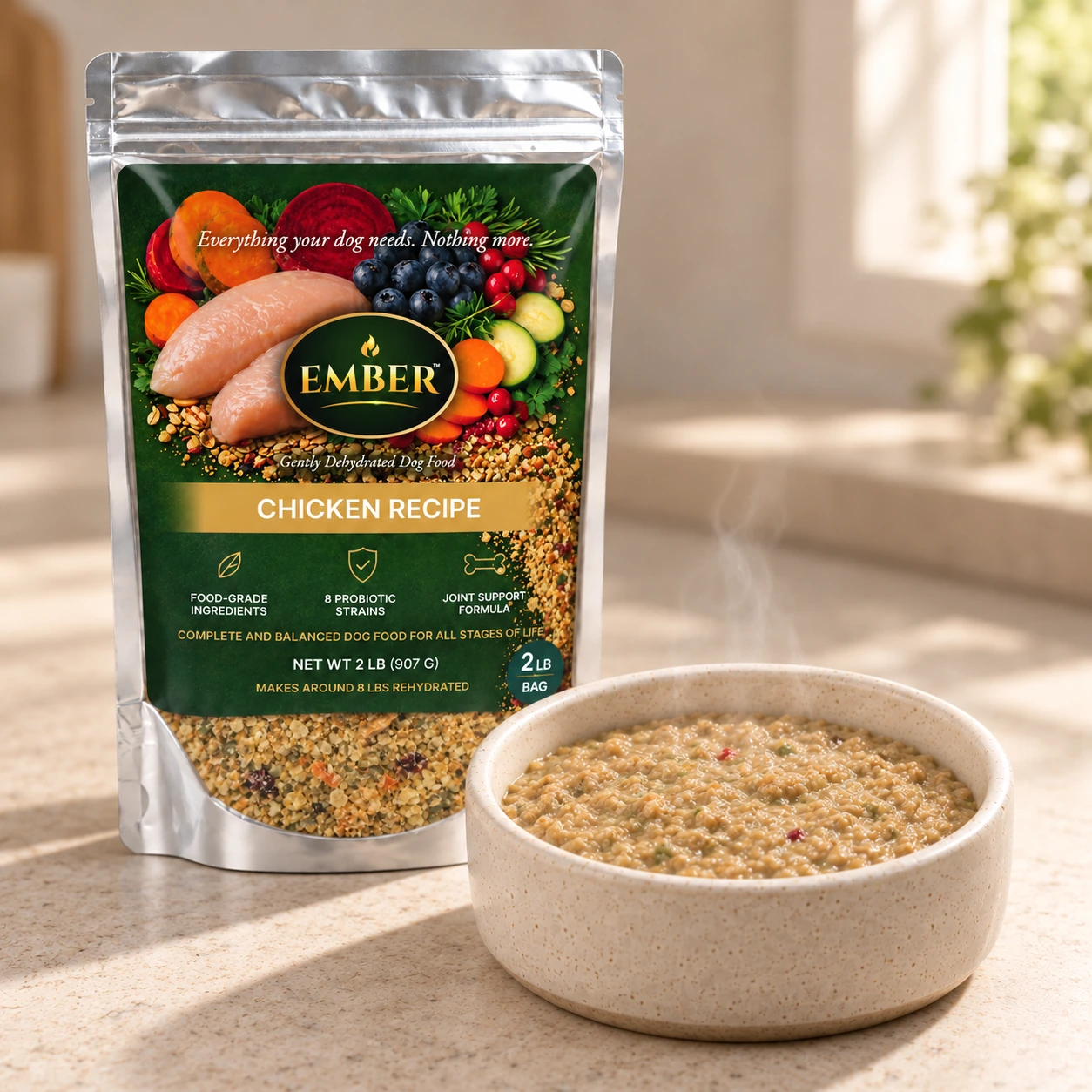 One 2 lb Ember Chicken sampler bag and prepared bowl.