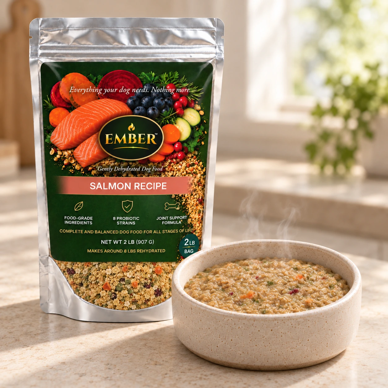 One 2 lb Ember Salmon sampler bag and prepared bowl.