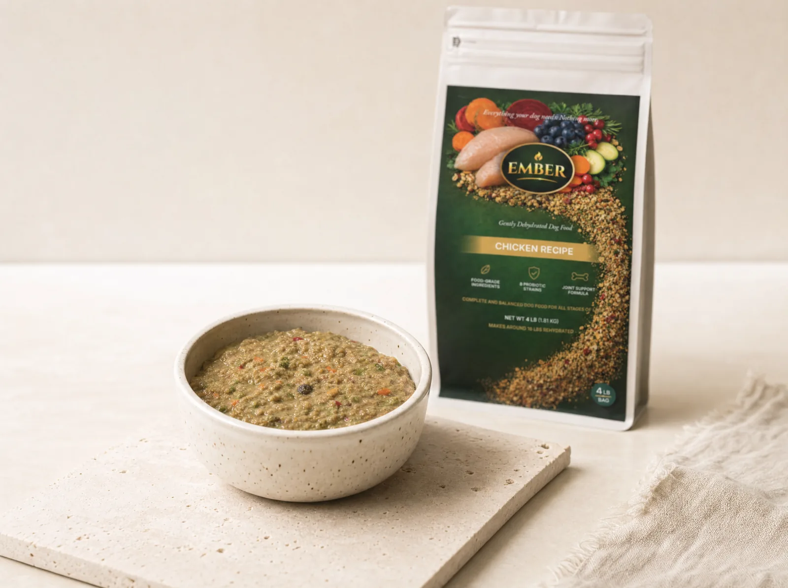 A prepared bowl of rehydrated Ember dog food.