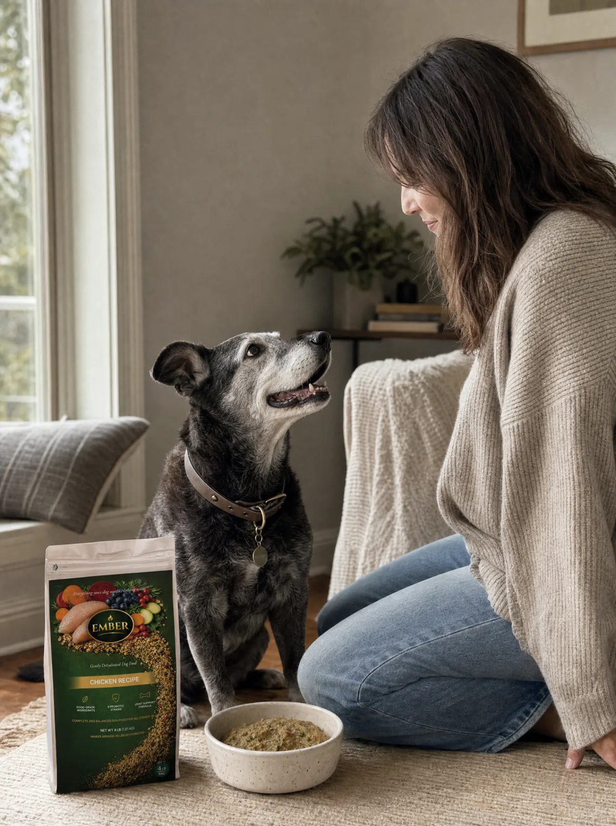 A dog at home beside an Ember feeding routine.